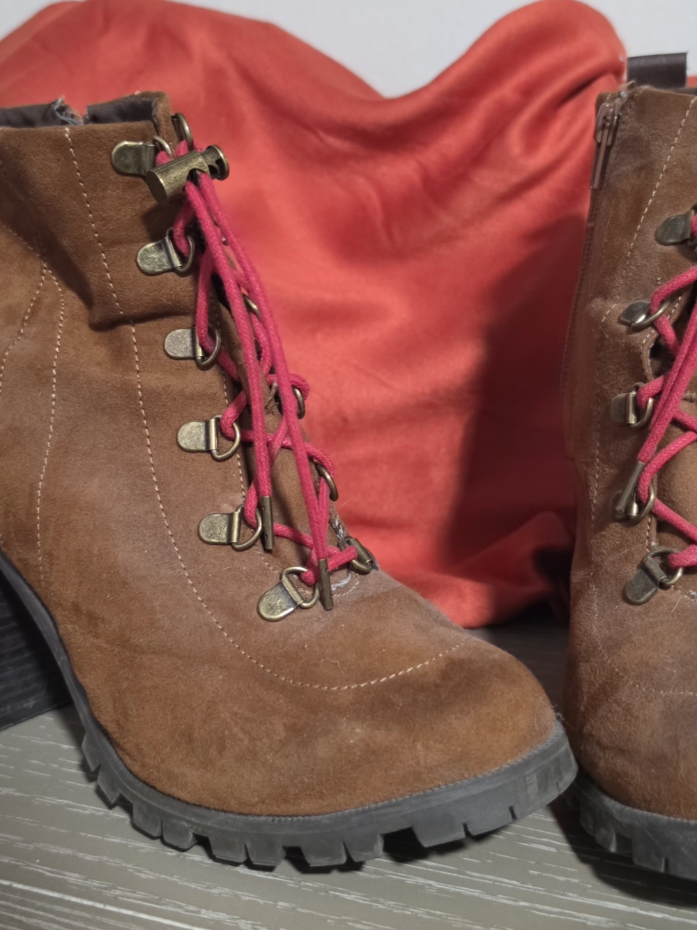 Qupid Brown Suede Lace-Up Ankle Boots with Red Laces